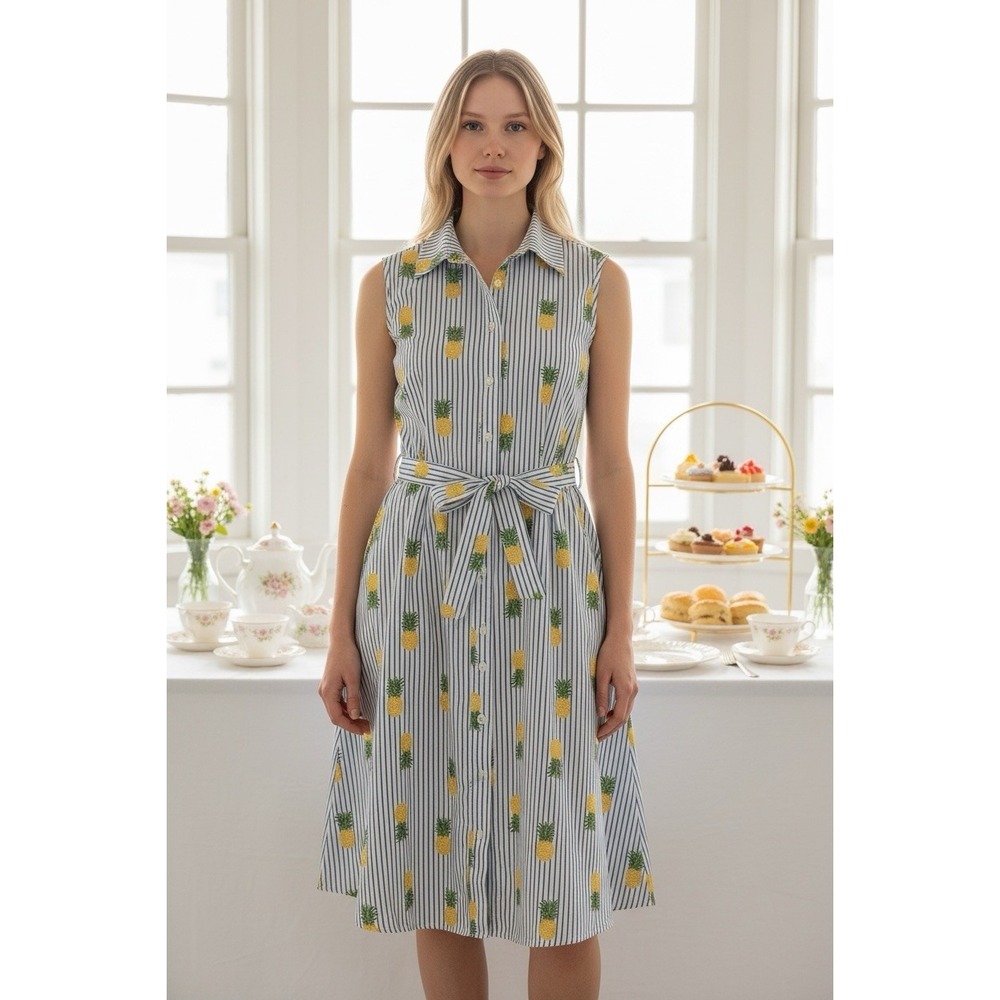 Chloe + Rene Dress Women's M Pineapple Blue White Stripes Pockets Preppy Coastal